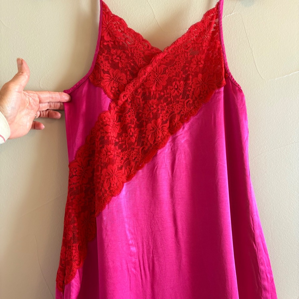 Topshop Hot Pink Satin Red Lace Maxi Nightgown Slip Dress Side Slit Fuchsia SZ 6 - Picture 7 of 13